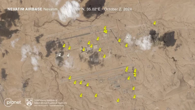 Researchers have used commercial satellite imagery to identify more than 30 points where Iranian missiles appear to have impacted an air base in southern Israel.  The imagery, taken by the company Planet the day after the strike, shows damaged hangars, buildings, taxiways, and a crater on one of the runways at Nevatim Airbase. Videos posted to social media showed multiple warheads striking the base during the Oct. 1 attack by Iran.